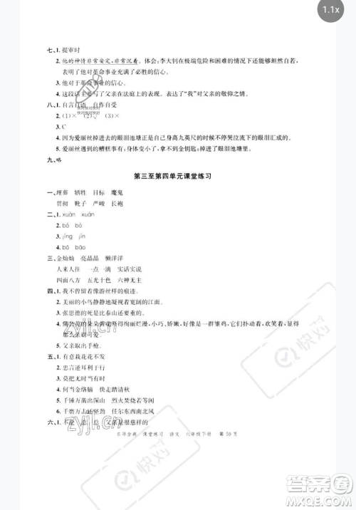 广东经济出版社2023名师金典课堂练习六年级下册语文人教版参考答案