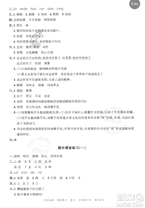 广东经济出版社2023名师金典课堂练习六年级下册语文人教版参考答案