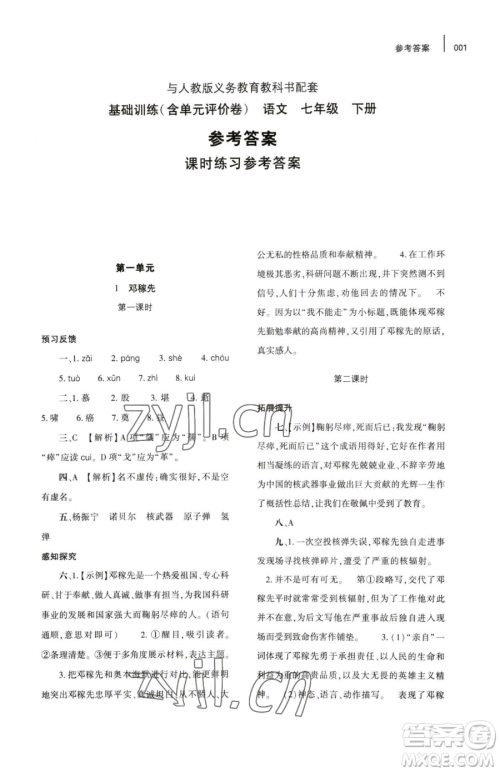 大象出版社2023基础训练七年级下册语文人教版参考答案
