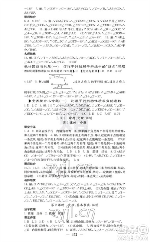 四川大学出版社2023名校课堂内外七年级数学下册人教版云南专版参考答案