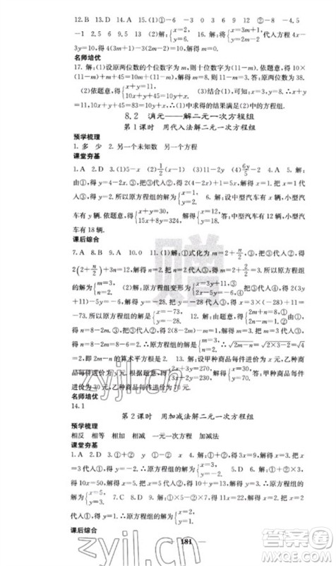 四川大学出版社2023名校课堂内外七年级数学下册人教版云南专版参考答案