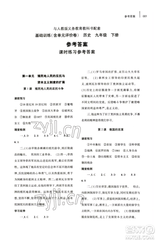 大象出版社2023基础训练九年级下册历史人教版参考答案