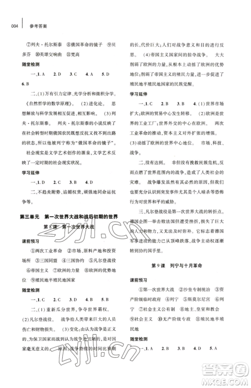 大象出版社2023基础训练九年级下册历史人教版参考答案