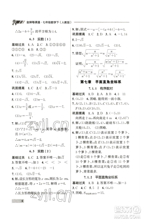 延边大学出版社2023点石成金金牌每课通七年级下册数学人教版参考答案