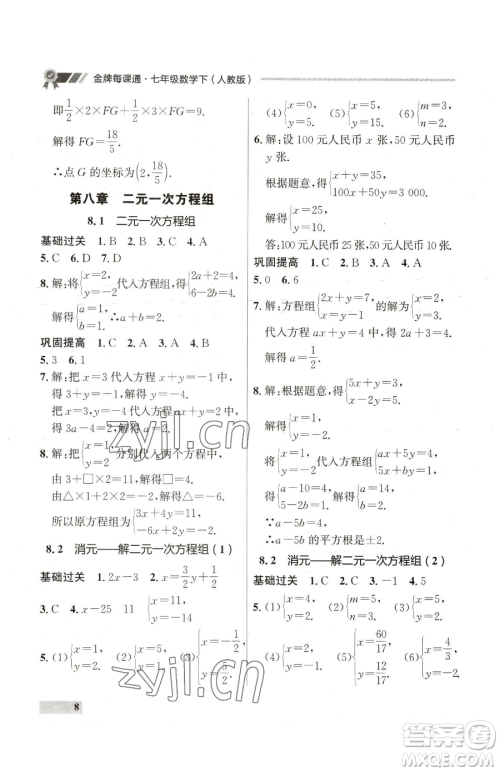 延边大学出版社2023点石成金金牌每课通七年级下册数学人教版参考答案