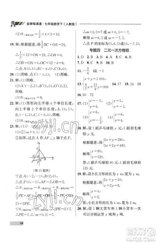 延边大学出版社2023点石成金金牌每课通七年级下册数学人教版参考答案