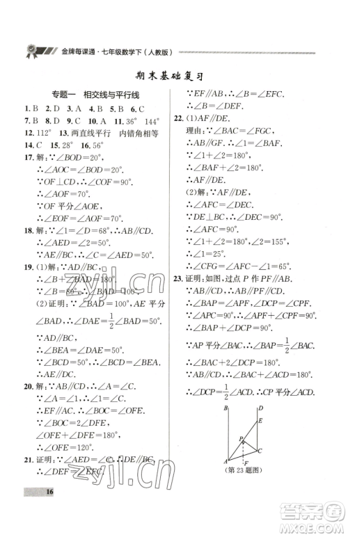 延边大学出版社2023点石成金金牌每课通七年级下册数学人教版参考答案