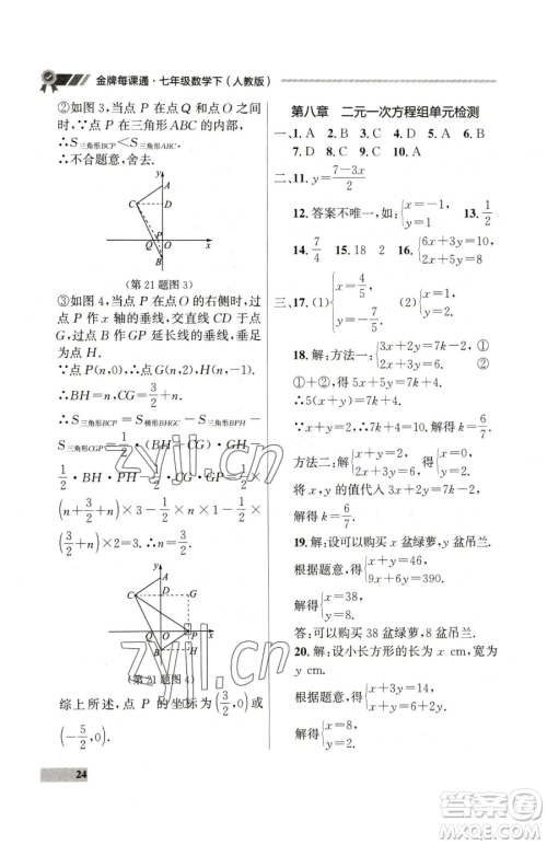 延边大学出版社2023点石成金金牌每课通七年级下册数学人教版参考答案