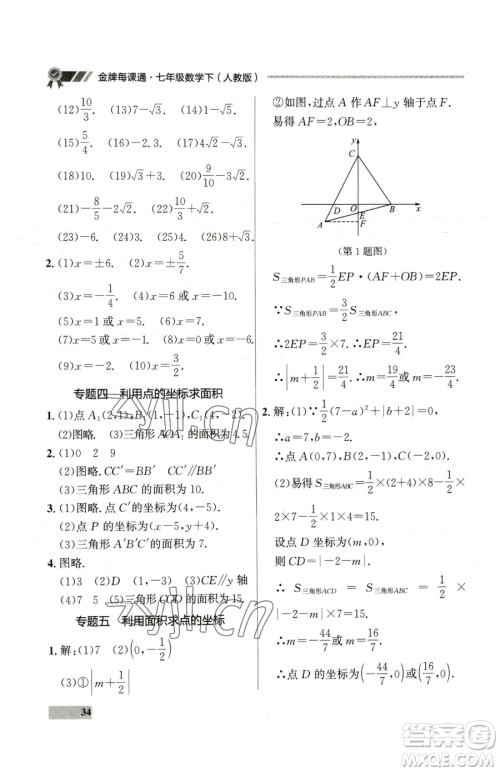 延边大学出版社2023点石成金金牌每课通七年级下册数学人教版参考答案