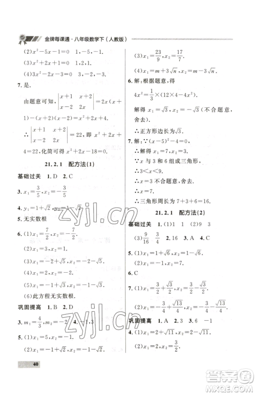 延边大学出版社2023点石成金金牌每课通八年级下册数学人教版大连专版参考答案