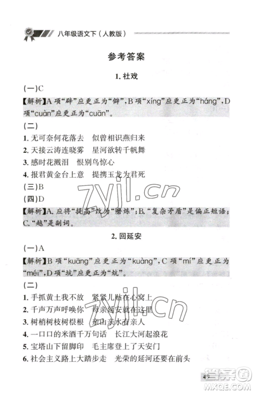 延边大学出版社2023点石成金金牌每课通八年级下册语文人教版参考答案