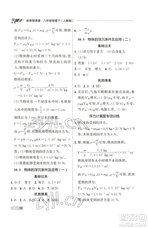 延边大学出版社2023点石成金金牌每课通八年级下册物理人教版参考答案