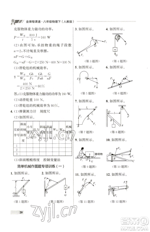 延边大学出版社2023点石成金金牌每课通八年级下册物理人教版参考答案