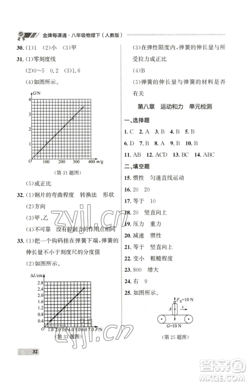 延边大学出版社2023点石成金金牌每课通八年级下册物理人教版参考答案