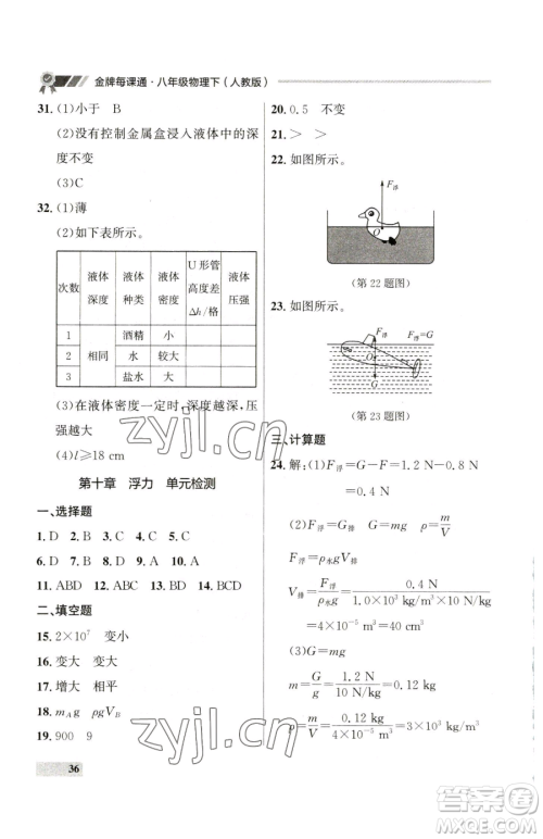延边大学出版社2023点石成金金牌每课通八年级下册物理人教版参考答案