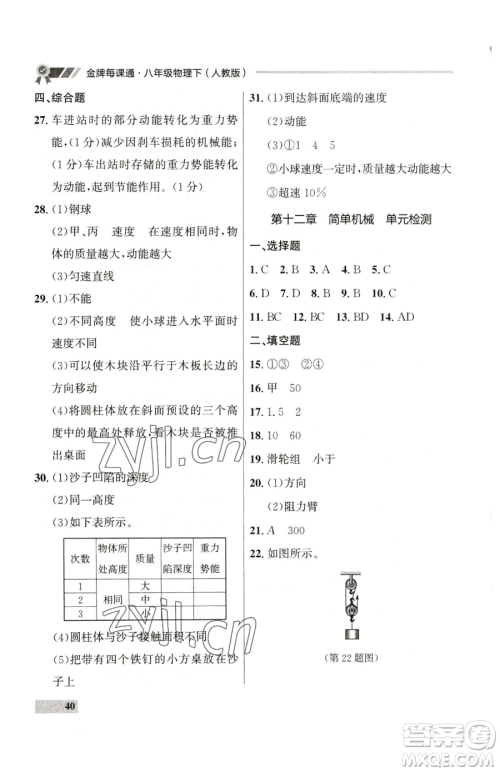 延边大学出版社2023点石成金金牌每课通八年级下册物理人教版参考答案