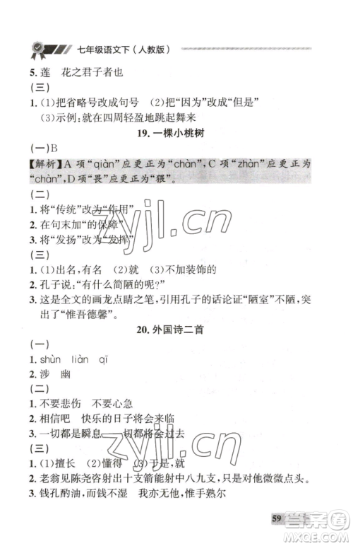 延边大学出版社2023点石成金金牌每课通七年级下册语文人教版大连专版参考答案