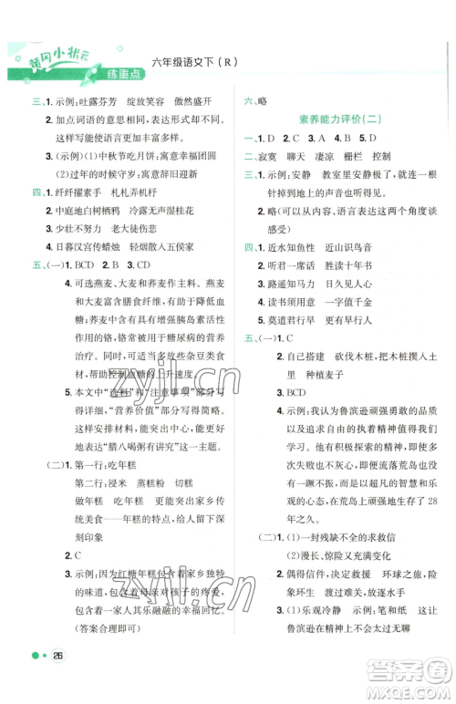 龙门书局2023黄冈小状元练重点培优同步作业六年级下册语文人教版参考答案