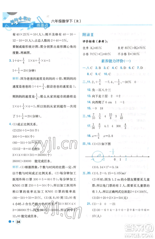 龙门书局2023黄冈小状元练重点培优同步作业六年级下册数学人教版参考答案