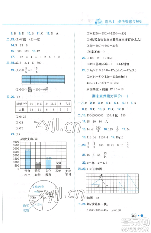 龙门书局2023黄冈小状元练重点培优同步作业六年级下册数学人教版参考答案