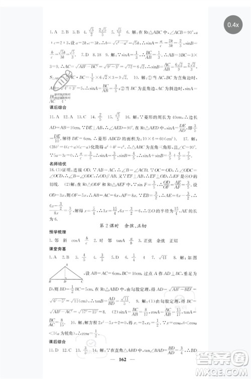 四川大学出版社2023名校课堂内外九年级数学下册人教版参考答案