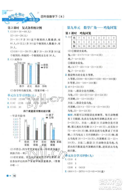 龙门书局2023黄冈小状元练重点培优同步作业四年级下册数学人教版参考答案