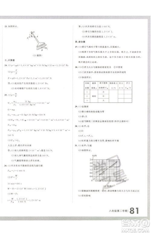 延边大学出版社2023名校大考卷八年级下册物理人教版大连专版参考答案