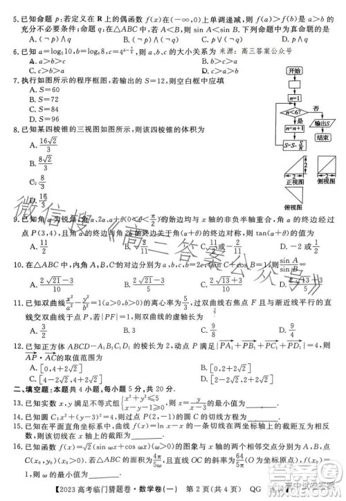 2023年普通高等学校招生全国统一考试临门猜题卷一数学理科答案