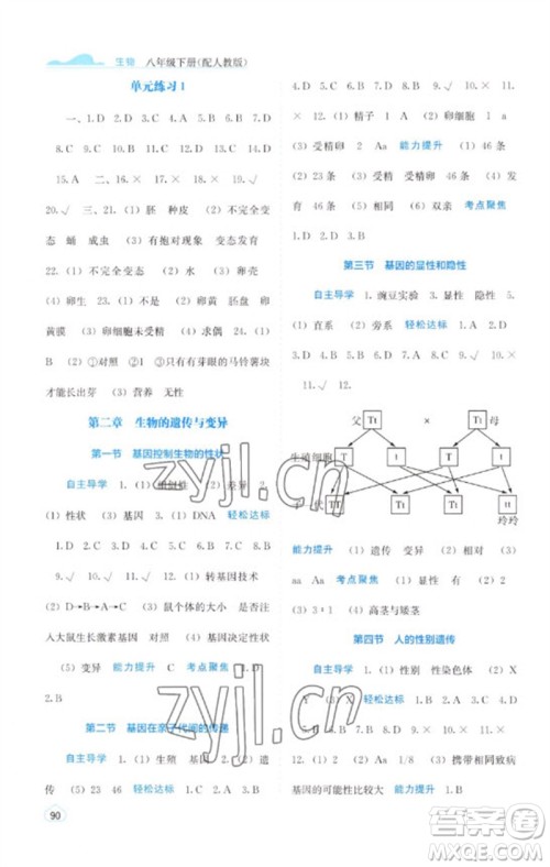 广西教育出版社2023自主学习能力测评八年级生物下册人教版参考答案 广西教育出版社2023自主学习能力测评八年级生物下册人教版参考答案