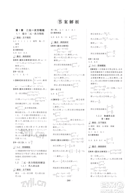 河北少年儿童出版社2023世纪金榜金榜学案七年级下册数学湘教版参考答案