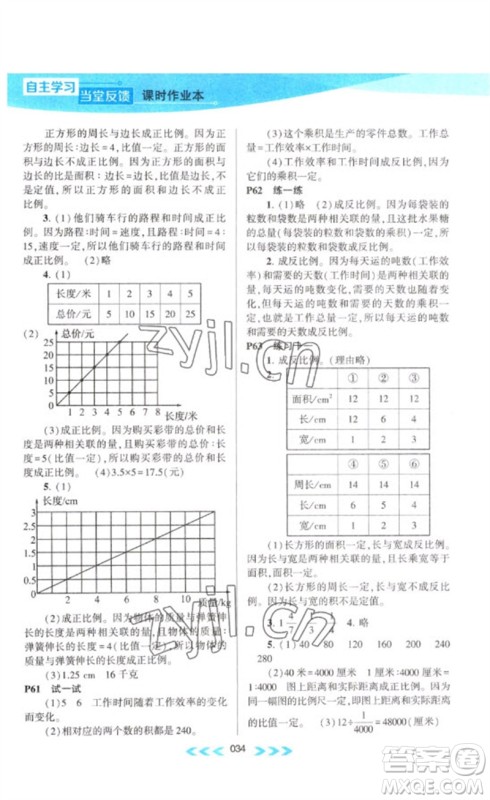黄山书社2023自主学习当堂反馈课时作业本六年级数学下册苏教版参考答案