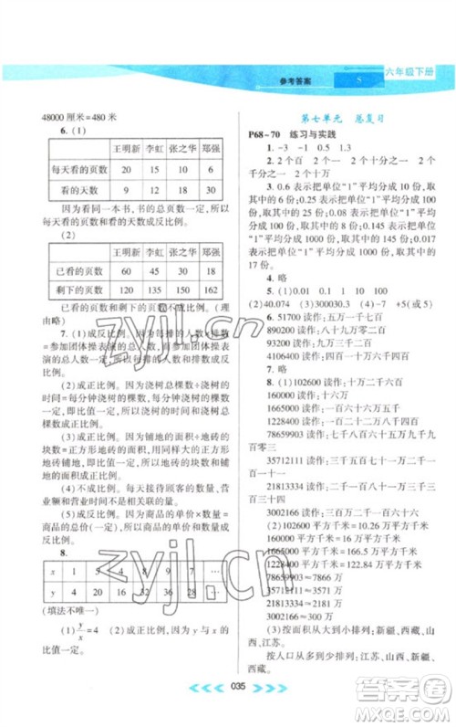 黄山书社2023自主学习当堂反馈课时作业本六年级数学下册苏教版参考答案