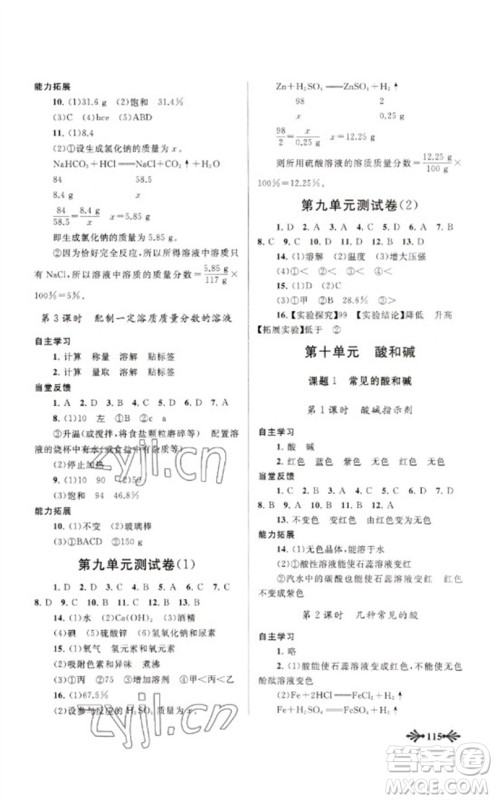 黄山书社2023自主学习当堂反馈九年级化学下册人教版参考答案