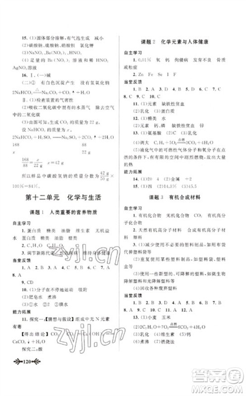 黄山书社2023自主学习当堂反馈九年级化学下册人教版参考答案