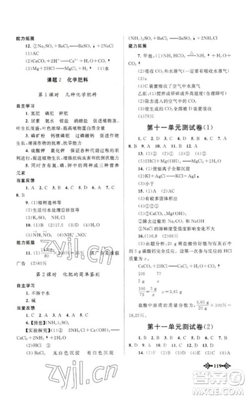 黄山书社2023自主学习当堂反馈九年级化学下册人教版参考答案