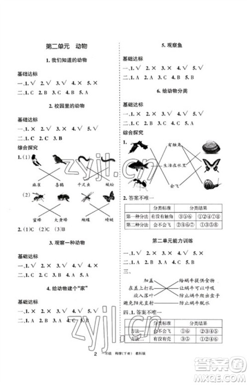 宁夏人民教育出版社2023学习之友一年级科学下册教科版参考答案