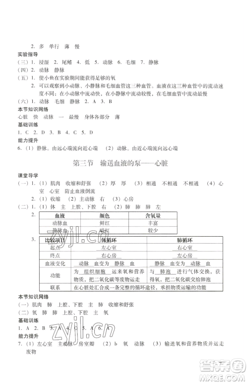 广州出版社2023阳光学业评价七年级下册生物人教版参考答案