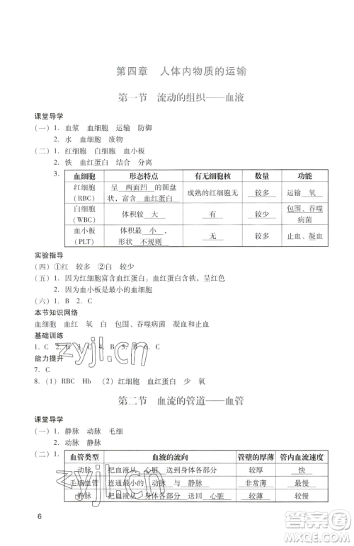 广州出版社2023阳光学业评价七年级下册生物人教版参考答案