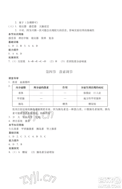 广州出版社2023阳光学业评价七年级下册生物人教版参考答案