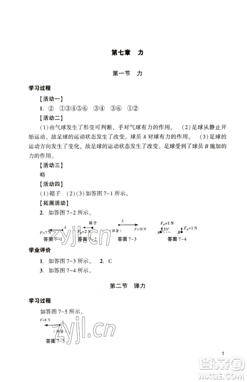 广州出版社2023阳光学业评价八年级下册物理人教版参考答案