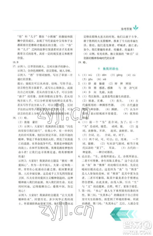 长春出版社2023中学生随堂同步练习九年级下册语文人教版参考答案