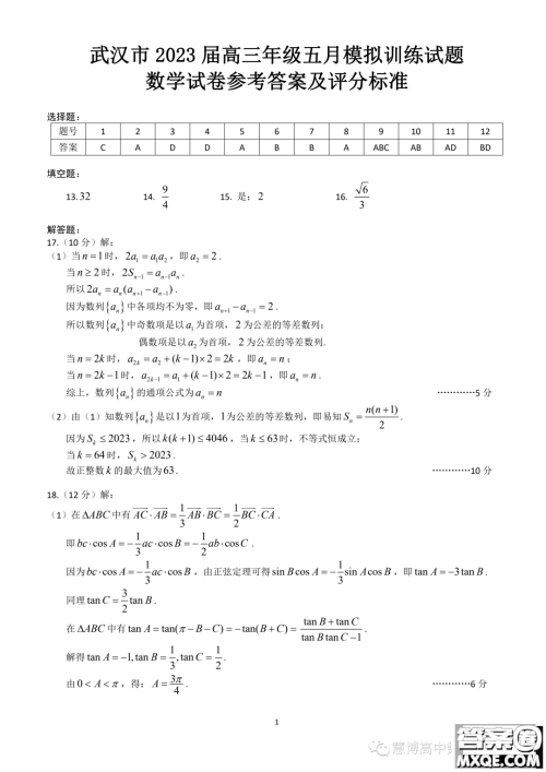 武汉市2023届高三年级五月模拟训练试题数学试卷答案