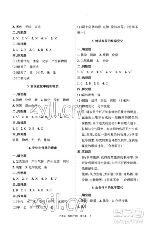 宁夏人民教育出版社2023学习之友六年级科学下册教科版参考答案