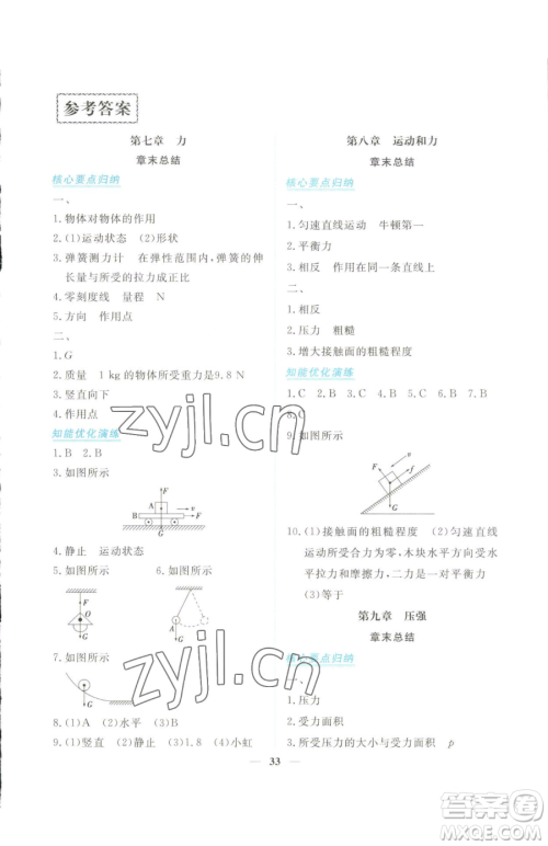 青海人民出版社2023新坐标同步练习八年级下册物理人教版青海专用参考答案 青海人民出版社2023新坐标同步练习八年级下册物理人教版青海专用参考答案