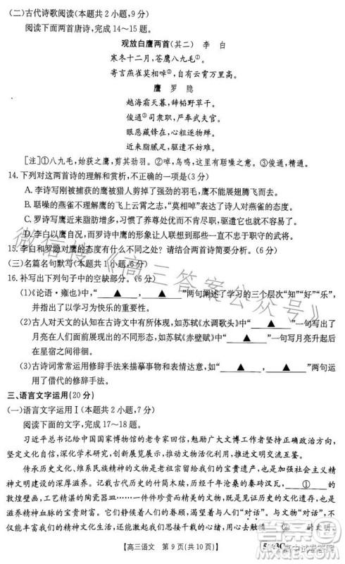 2023年金太阳联考5月5003C高三语文考试试卷答案