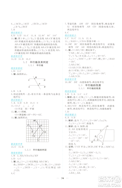 青海人民出版社2023新坐标同步练习七年级下册数学人教版青海专用参考答案