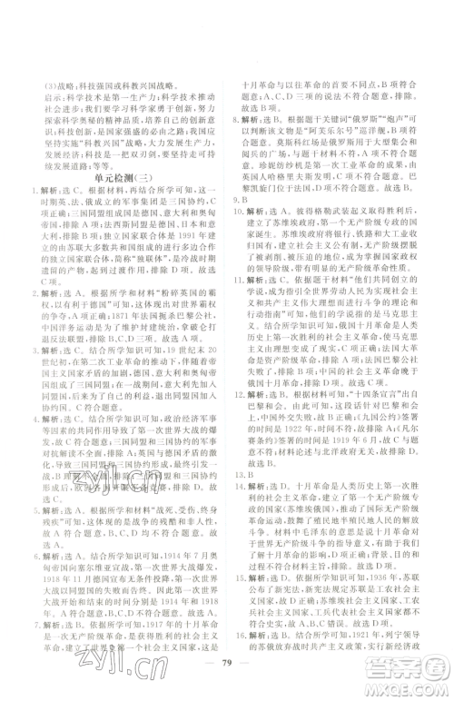 青海人民出版社2023新坐标同步练习九年级下册历史人教版青海专用参考答案