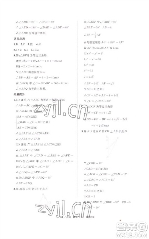 宁夏人民教育出版社2023学习之友八年级数学下册北师大版参考答案