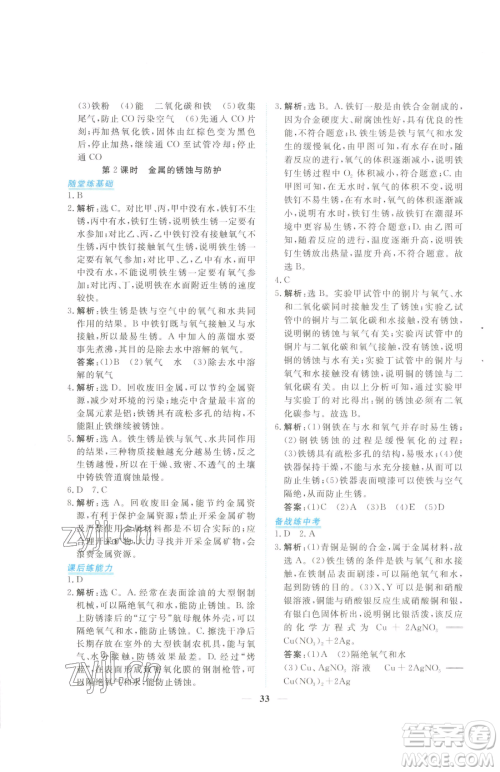 青海人民出版社2023新坐标同步练习九年级下册化学人教版青海专用参考答案