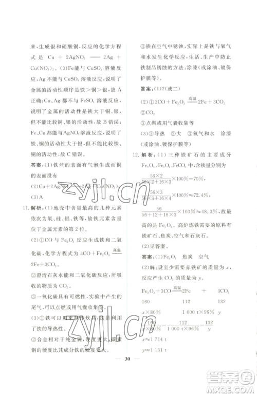 青海人民出版社2023新坐标同步练习九年级下册化学人教版青海专用参考答案